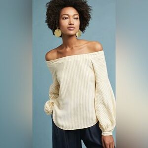 Anthropologie Maeve Preppy Cotile Blouse Yellow Striped Off Shoulder Size 14